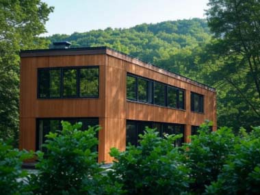 Sustainable, modern, wood cladding, natural light, panoramic views, energy efficient, passive solar, natural ventilation, forest backdrop, organic appearance, immersive work environment, serene workspace, integration with nature, eco friendly, contemporar