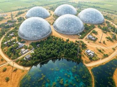 geodesic domes, multi-biome, sustainable habitat, climate control, tropical rainforest, desert biome, temperate forest, aquatic ecosystem, living quarters, research facilities, solar energy, water recycling, waste management, biodiversity, ecological research, education, cultural exchange, environmental awareness, structural integrity, emergency systems