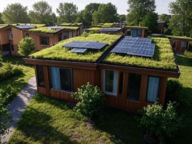 Eco friendly, sustainable, green roof, solar panels, community, wood, renewable materials, biodiversity, insulation, solar energy, communal living, nature, environmentally friendly, insulation, biodiversity support, green spaces, social interaction.