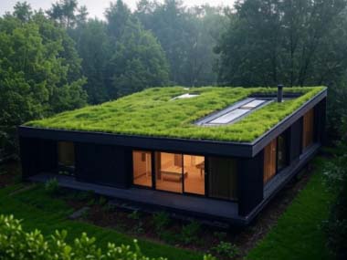 Eco friendly, green roof, sustainable, modern, insulation, urban heat island, stormwater management, dark materials, contemporary design, natural light, forested area, serene, secluded, environmental impact, energy efficient, integration with nature, eco 