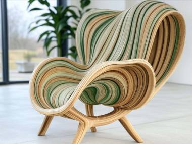 contemporary furniture design, dynamic form, fluid form, layered wood, green shades, beige shades, natural wood tones, natural patterns, organic aesthetic, soothing aesthetic, wood veneers, visual interest, craftsmanship