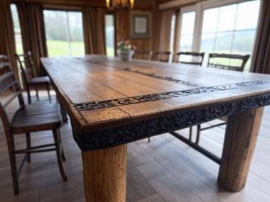 rustic, wooden, chunky, table, smithed, iron, decorations