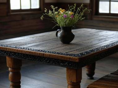 rustic, wooden, chunky, table, smithed, iron, decorations