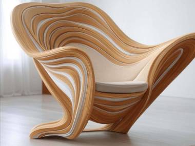 art, furniture design, dynamic form, flowing form, light wood, dark wood, contrast, natural forms, water flow, leaf curves, organic aesthetic, layered wood, structural integrity, visually captivating, wood pattern