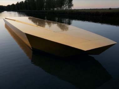 Modern barge, Minimalist design, Reflective surface, Sleek watercraft, Innovative barge design, Futuristic water architecture, High end floating structure, Calm water setting, River or lake barge, Unique floating platform, Contemporary water living, Archi