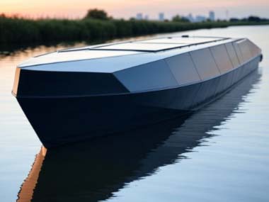 Econavis, Hybrid Electric/Solar Barge, Eco friendly, Sustainability, Renewable Energy, Solar Panels, Wind Turbines, Lithium ion Battery, Electric Motor, Autonomous Navigation, Touchscreen Control, Modular Design, Water Treatment System, Composting Toilets