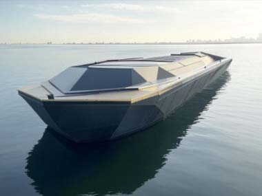 Futuristic boat, Modern yacht design, Sleek watercraft, Innovative marine architecture, Geometric boat shape, Luxury vessel, High tech boat, Advanced marine engineering, Contemporary water vehicle, Eco friendly boat design