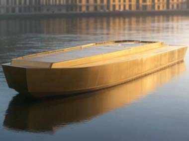 boat, floating structure, modern design, minimalistic, sleek, reflective surface, water, calm water, urban background, futuristic, innovative, transportation, vessel, maritime, architecture, contemporary, reflective, gold, metallic, design, aquatic, seren