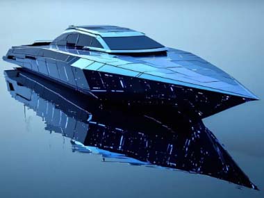 boat, luxury boat, modern boat, sleek design, futuristic boat, watercraft, yacht, high tech boat, reflective surface, calm water, angular design, maritime, naval architecture, innovative design, water reflection, blue tones, aesthetic vessel, maritime tec